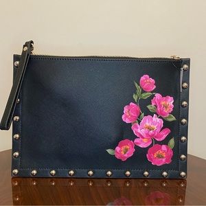 White House Black Market WHBM Black Studded Floral Large Wristlet Pouch NWT